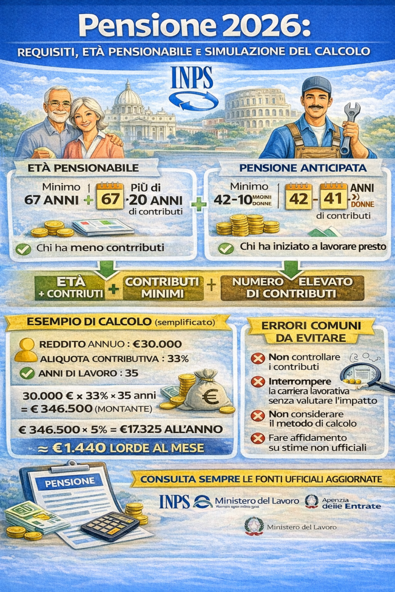 Pensione 2026: requisiti, età pensionabile e simulazione del calcolo Pensione 2026: requisiti, età pensionabile e simulazione del calcolo